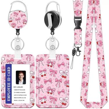 Imagem de Cordões de laço rosa para crachás de identificação, lindo suporte de crachá com clipe retrátil, etiqueta de nome de cartão de identificação, protetor vertical de cartão de identificação para mulheres