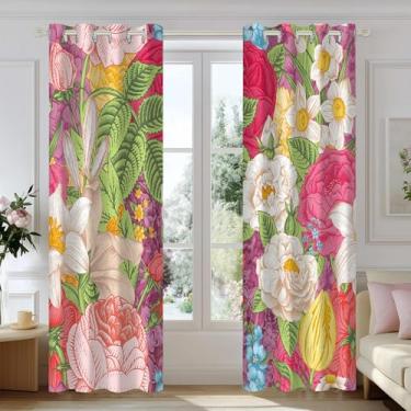 Imagem de Cortinas blecaute floral rosa, flores coloridas, botânica, com estampa de folhas de 203 cm, cortinas térmicas com forro preto, 2 painéis