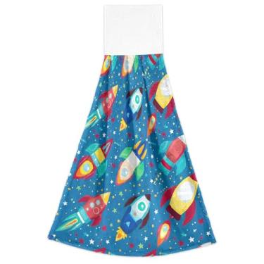 Imagem de Toalhas de mão coloridas de foguete de desenho animado azul com laços para pendurar toalhas de gravata de banheiro conjunto de 2 toalhas de mão de cozinha altamente absorventes decorativas, 46 x 35 cm