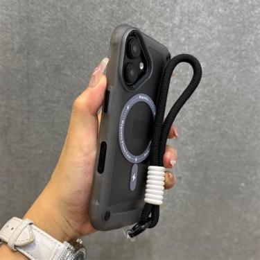 Imagem de Capa magnética fosca para iPhone 16, 15, 14, 13, 12, 11 Pro Max Plus, com airbag, à prova de choque, lente de metal, com cordão para pulseira, preta, para iPhone 15