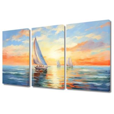 Imagem de TUMOVO Arte de parede em tela colorida de 3 painéis, veleiro no oceano, arte em tela, decoração de parede para quarto, pintura a óleo, arte de parede, para sala de estar, escritório, veleiro, imagens