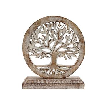 Imagem de VANIYA CRAFTS Escultura de mesa de árvore da vida de madeira – Estátua de decoração gravada esculpida à mão para sala de estar, quarto, escritório, prateleira ou armário (branco antigo)