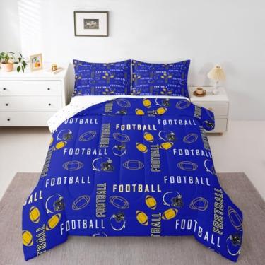 Imagem de jejeloiu Conjunto de cama de futebol americano, tamanho solteiro, Los Angeles, para decoração de quarto de meninos e meninas, adolescentes, azul, amarelo, respirável, microfibra leve