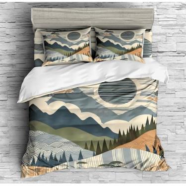Imagem de SOMCELUM Conjunto de cama de montanha do pôr do sol pintado à mão, capa de edredom serena montanha, conjuntos de cama 3/4 peças (1 capa de edredom com 2 fronhas ou lençol) (A, COMPLETO - 3 peças)