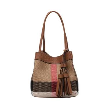 Imagem de Plaid Aidrani - Bolsa balde de lona: acabamento em couro, pingente de 