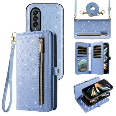 Imagem de Asuwish Capa de celular para Samsung Galaxy Z Fold 4 5G 2022 com zíper carteira magnética destacável alça transversal com glitter flip suporte para cartão de crédito ZFold4 Z4 Fold4 4Z ZFold45G