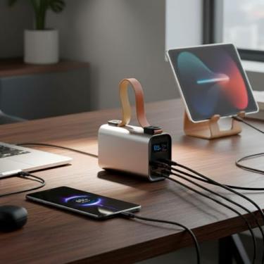 Imagem de Carregador Portatil Power Bank Turbo 3000mAh 100W Universal com Lanterna Compatível com Apple, iPhone, iWatch, Lenovo Macbook e Notebook Celular 4 Portas - USB-A e USB-C Primum (Preto)