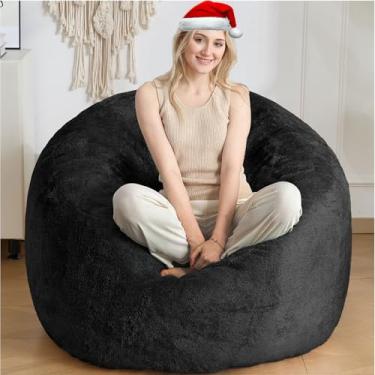 Imagem de SHOUREN Cadeira grande, pufe de tecido sherpa, sofá com encosto, confortável para adultos/adolescentes, sofá macio de espuma de memória, preto