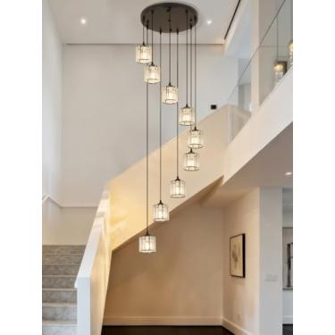Imagem de Meimond Lustres longos para tetos altos, luz pendente de cristal moderna, lâmpada de gota de chuva, luminárias de montagem embutida para escadas em espiral, hall de entrada, sala de estar, preto (8