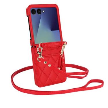 Imagem de Capa carteira para Motorola Razr 50 Ultra, capa de couro flip transversal com 2 cartões de cordão ajustável alça de pulso capa de telefone para mulheres (vermelha)