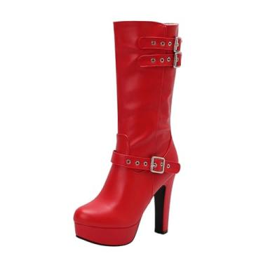 Imagem de Botas femininas de cano médio com fivela de cinto e plataforma impermeável outono inverno casual confortável salto alto grosso 12 cm, Vermelho, 34