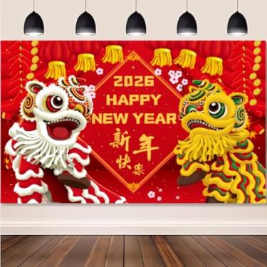 Imagem de KYMY Pano de fundo de ano novo chinês, faixa para pendurar cavalo do zodíaco lunar de ano novo 2026 70,9 x 43,3 polegadas, festival de primavera asiático, fundo de parede de poliéster, cabine de fotos