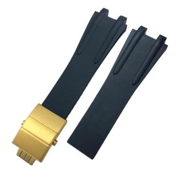 Imagem de DFAMIN Pulseira de relógio convexa de borracha de silicone de 26 mm, adequada para Athens Ulysse Nardin, pulseira de relógio masculina com fivela dobrável, à prova d'água, esportiva (preta dourada)