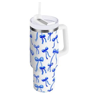 Imagem de SEHANY Lindo copo azul com laço de 850 g com alça, copo isolado de aço inoxidável a vácuo de parede dupla à prova de vazamento, copo de viagem isolado cabe no suporte de copo de carro