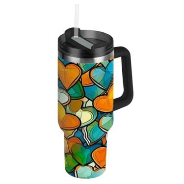 Imagem de ATTX Copo colorido com padrão de corações de amor de 1,134 g com alça, copo de aço inoxidável a vácuo de parede dupla com palha, caneca de café de viagem isolada #17