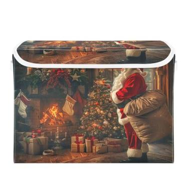Imagem de SEHANY Linda caixa de armazenamento de Papai Noel de Natal com tampas e alças, organizador de cestas de armazenamento de tecido dobrável, caixas de armazenamento de cubos grandes para roupas, cobertor