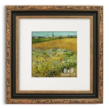 Imagem de GiftMust Moldura antiga de 20 x 20 cm, moldura ornamentada em relevo com tapete de papel e vidro verdadeiro, adequada para 20 x 20 sem tapete ou 12 x 12 cm com tapete, mesa ou suporte de parede, preto