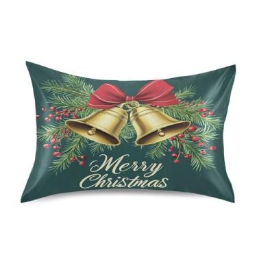 Imagem de SEHANY Fronha de seda verde com sinos de Natal para cabelo e pele, capa de almofada respirável super macia e macia com envelope para casa, quarto, hotel, padrão 50 x 66 cm