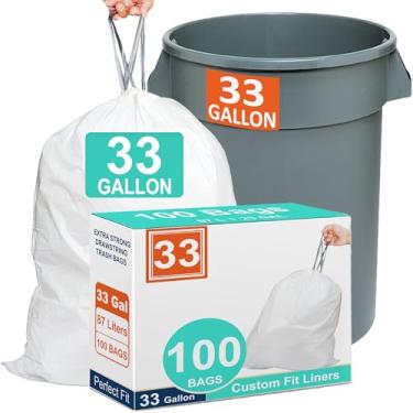 Imagem de Sacos de lixo resistentes com cordão branco de 33 litros de espessura (100 unidades) compatíveis com lixeira redonda Rubbermaid Brute resistente e resistente a rasgos, resistente a rasgos
