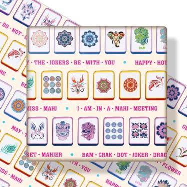 Imagem de Dawnrait Conjunto completo de papel de embrulho Mahjong com cortador | corda de 10 m - 12 folhas de kit de embrulho de presente fofo Mah Jongg para noite de jogo, aniversário, ano novo lunar