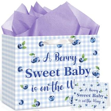 Imagem de Saco de papel para chá de bebê Blueberry azul A Berry Sweet Baby está a caminho Saco de presente com papel de embrulho e cartão de felicitações com tema de mirtilo decoração de festa de chá de bebê