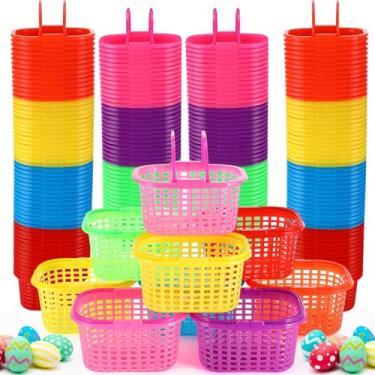 Imagem de FillTouch 50 cestas de Páscoa de plástico colorido a granel com alça 17 cm x 13 cm x 9 cm Baldes de Páscoa para lembrancinhas de festa, suprimentos de caça ao ovo, decoração, 7 cores
