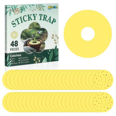 Imagem de Mysora 48 peças de armadilhas para moscas de frutas, fungos e mosquitos, anel redondo amarelo para plantas de vaso, ambientes internos e externos, insetos voadores (M)