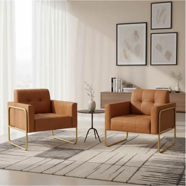 Imagem de Poltrona Sala Decorativa Kit 2 Elisa Base Tubular Alta Dourada Sintético PU Whisky D03 - D'Rossi