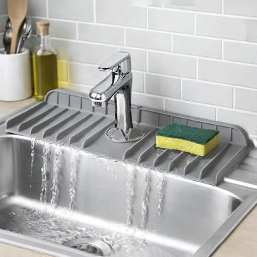 Imagem de Tapete de pia de torneira de silicone - antiderrapante reutilizável bandeja de pia de secagem de pratos tapete protetor de respingos para cozinha banheiro serve para trailer, bancada (cinza claro