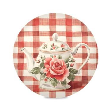 Imagem de STAYTOP Jogo americano redondo elegante e requintado com padrão de bule de chá, 6 peças, tapetes de mesa antiderrapantes fáceis de limpar para casa, cozinha, churrasco, festa, decoração de mesa