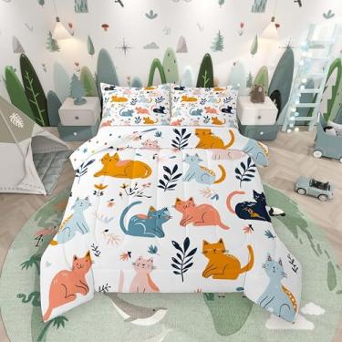 Imagem de jejeloiu Conjunto de edredom de gato fofo para todas as estações, com 1 fronha, desenho de microfibra, para crianças, solteiro, para decoração de quarto, edredom respirável, macio e leve