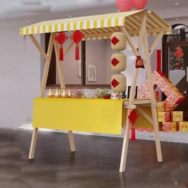 Imagem de Carrinho de comida dobrável portátil sobre rodas, carrinho de mão de vendedor de rua de madeira para cachorros-quentes e lanches, suporte de exibição de mercado externo (amarelo, 120 cm de largura)