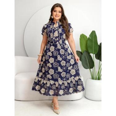 Imagem de Vestido Elegante Midi Gola Alta Manga Princesa Curta Bordado Algodão C