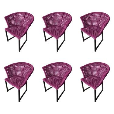 Imagem de Kit 6 Cadeiras Salinas Corda Náutica Base Em Alumínio Preto-rosa