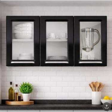 Imagem de Armário Aéreo de Cozinha Preto 3 Portas com Vidro Luce - Itatiaia