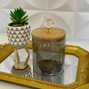 Imagem de Pote de Vidro Canelado Fumê 500ML com Tampa de bambu Porta mantimentos