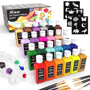 Imagem de Kit de Tinta para Tecido XSG 24 Cores 60 ml com Pincéis e Estênceis