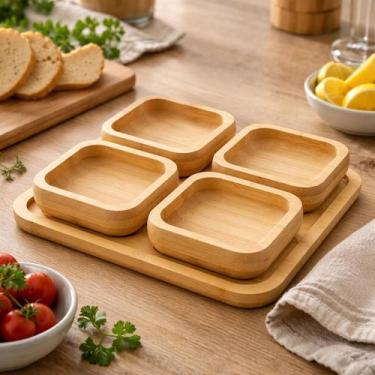 Imagem de Conjunto Petisqueira Gourmet MDF Madeira Bambu com 4 Peças e Base Para