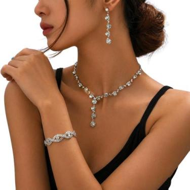 Imagem de Kit Feminino Strass Colar Brinco Pulseira Elegante Luxo Fest - - anjo 