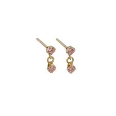 Imagem de Brinco Infantil Ouro 18k Com 2 Pedrinhas Rosas De Zircônio - Mv Joias,