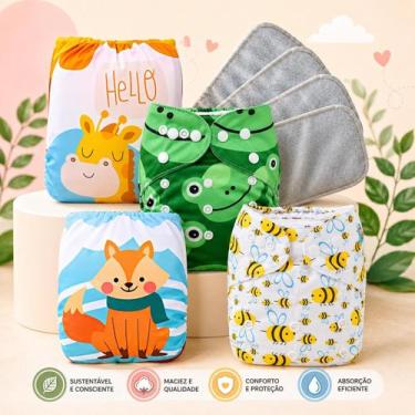 Imagem de Kit 4 Fralda Ecológica Reutilizável Ajustável para Bebê  Lavável, Sust