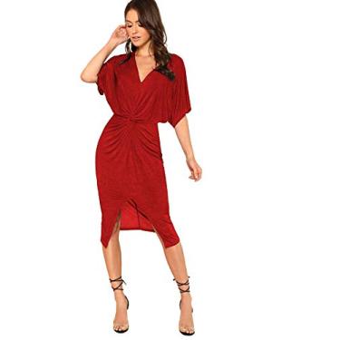 Imagem de Floerns Vestido midi feminino de manga curta com decote em V e fenda frontal, Vermelho, P