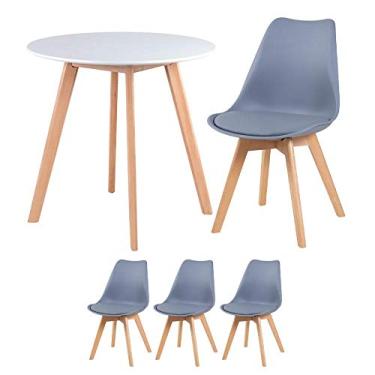 Imagem de Loft7, Kit Mesa redonda Leda 70 cm branco + 3 cadeiras estofadas Leda cinza médio