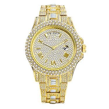 Imagem de ICEDIAMOND Relógio masculino de quartzo com calendário duplo de 43 mm, mostrador redondo banhado a ouro com data e exibição semanal, pulseira de diamantes simulados, Dourado, Tendência