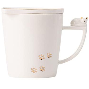 Imagem de Caneca de gato com tampa colher 3D linda xícara de chá de café cerâmica conjunto de caneca presente de aniversário para mulheres amantes de amigos (gato branco, 300 ml)