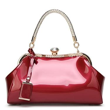 Imagem de ROUROU Bolsa feminina de couro envernizado brilhante com alça superior, bolsa de ombro para noite, bolsa de ombro para casamento, bolsa retrô, Borgonha, Large, Durável