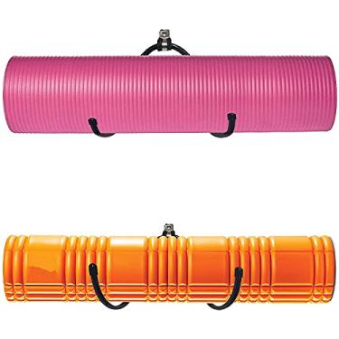 Imagem de Suporte de parede para tapete de ioga, rolo de espuma e suporte para toalhas, prateleira de armazenamento para tapete de exercícios para pendurar alça de ioga e faixas de resistência na sua aula de fitness ou academia em casa, tamanho ajustável, até 9 kg - (pacote com 2)