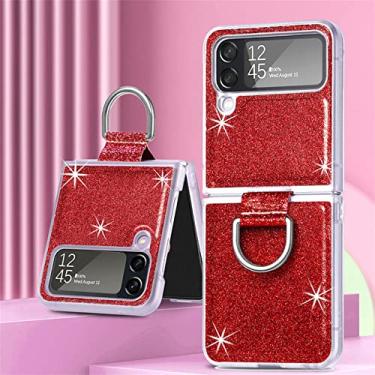 Imagem de Capa de telefone com suporte de anel de luxo com brilho brilhante para Samsung Galaxy Z Flip 4 flip4 Flip4 Capa macia de carregamento magnético sem fio, anel de brilho vermelho, para Samsung Z flip4