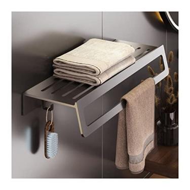Imagem de KIZQYN Prateleira de banheiro de 60 cm, prateleiras flutuantes de parede para banheiro, quarto, sala de estar, cozinha, escritório, prateleiras de armazenamento de metal com toalheiro e ganchos, prateleiras de parede cinza para banheiro