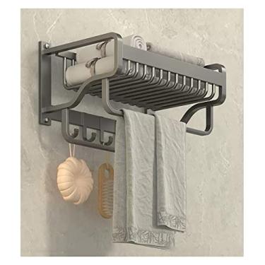 Imagem de KIZQYN Prateleira de banheiro prateleira de parede de banheiro toalheiro com barra de toalha dupla e ganchos fixos suporte de toalha prateleira de banheiro prateleira de toalha de parede, prateleiras de parede de banheiro cinza fosco (tamanho: L37cm)